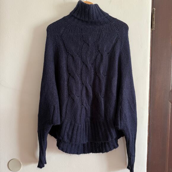 SISLEY PARIS Navy Blue Mohair Blend Cape-style Cable Knit Turtleneck sweater OS - Picture 1 of 7